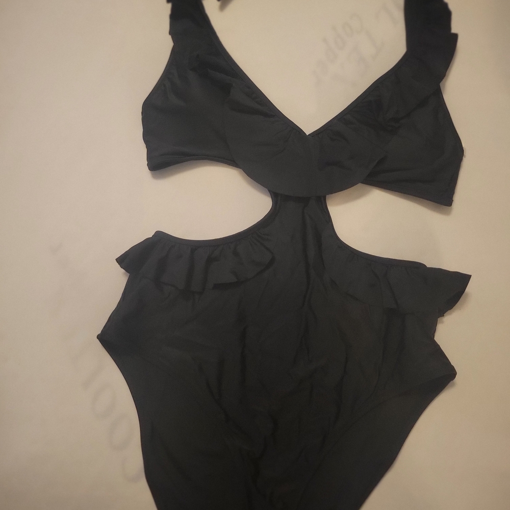Aerie Black Ruffle One Piece Monkini Swimsuit
